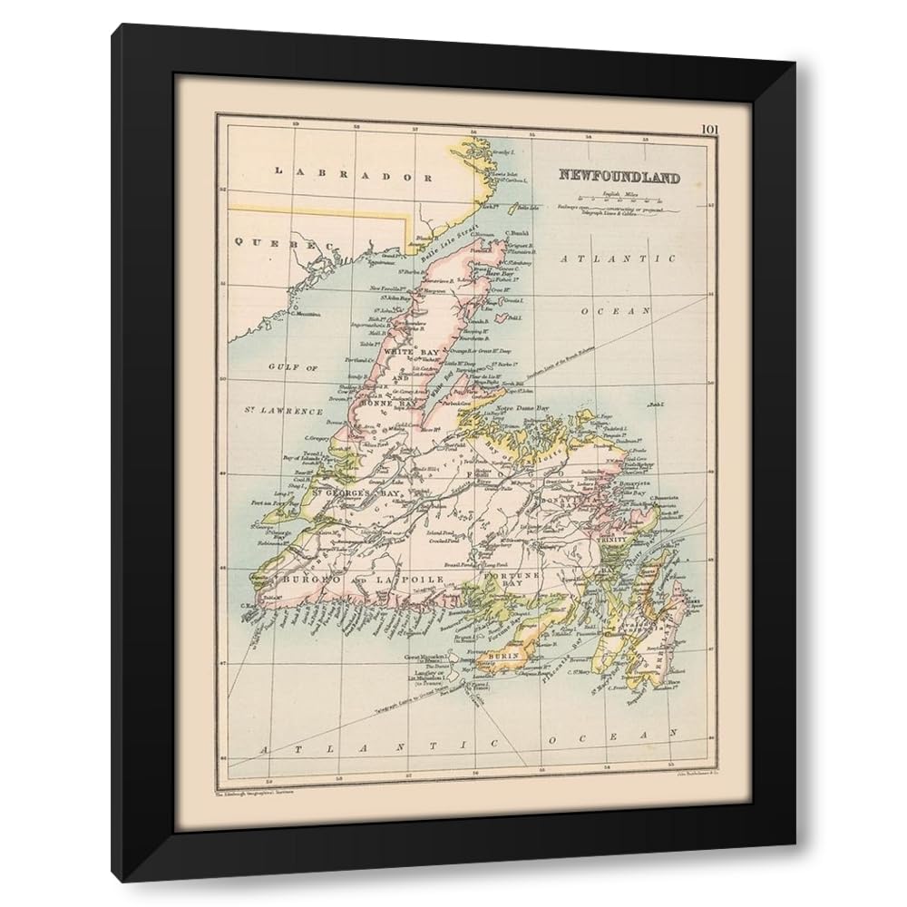 Bartholomew 15x18 Black Modern Framed Art Print Titled Newfoundland Canada - Bartholomew 1892 Map (90_ITCA0062)