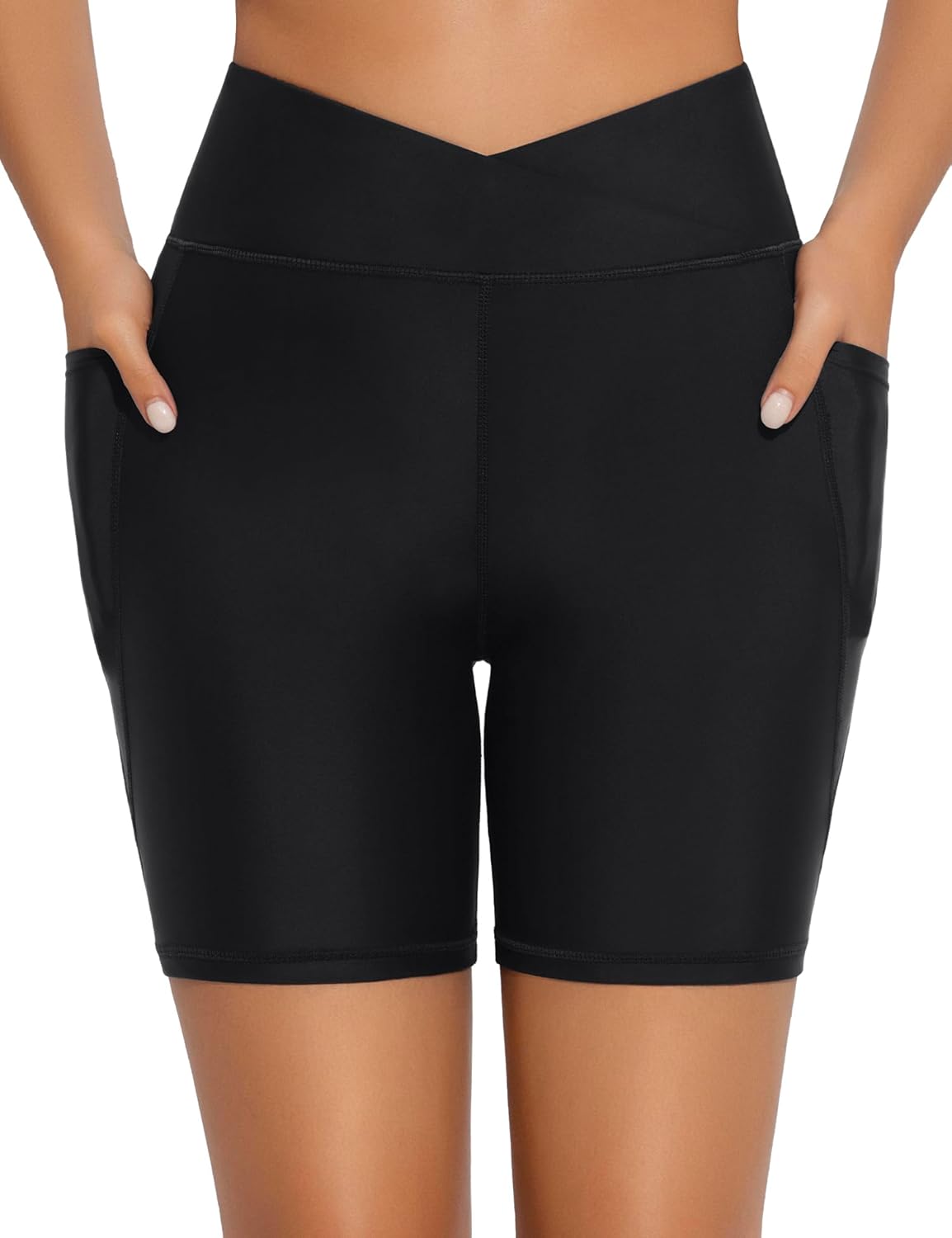 Bonneuitbebe Women Swim Shorts High Waisted Bathing Suit Bottoms Cross Waist Swimsuit Bottoms with Pockets