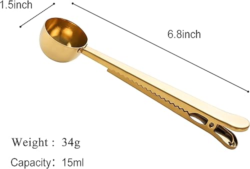 Miniatura 9 de Cuchara de café molido con clip para bolsa para café té, 1 cucharada de café de acero inoxidable, juego de 3 (3 unidades, plateado, negro, dorado)