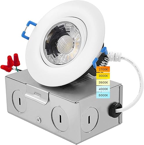 LUXRITE Luz empotrable LED cardán de 3 pulgadas con caja de conexiones, 5CCT seleccionable por color 2700K-5000K, luces giratorias ajustables
