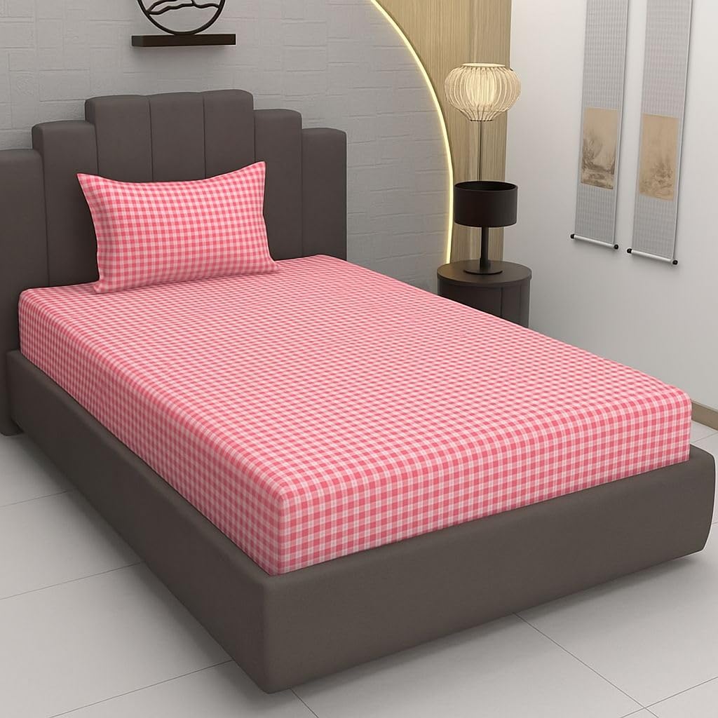 Pure Cotton Checked Printed Single Bed Sheet (60x90 Inches) with 1 Pillow Cover (18x28 Inches)- Pink-image-14