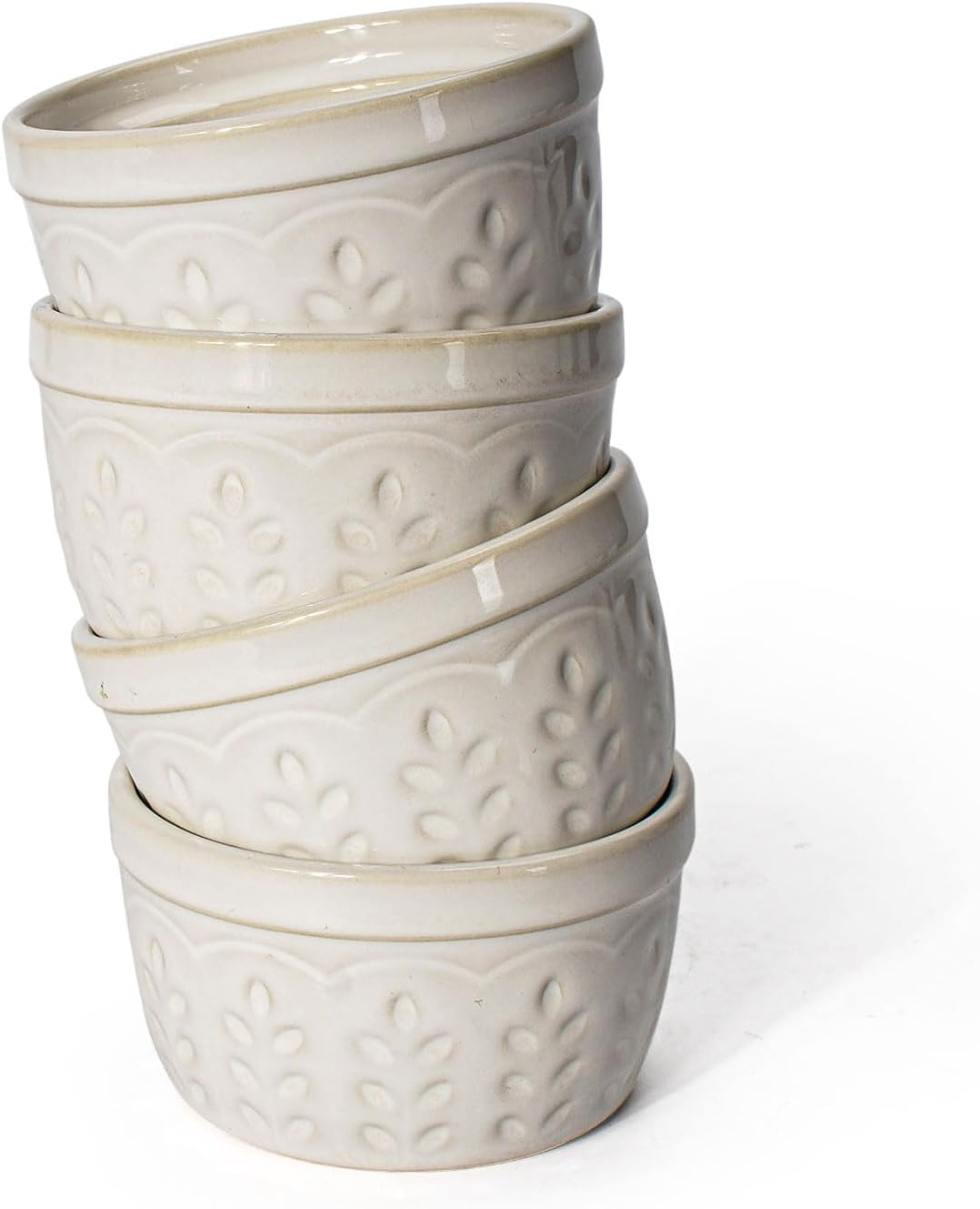 Artena Ramekins, Ramekin Oven Safe, Creme Brulee Ramekins, Embossed White Ceramic Ramiken & Pasta Bowls, 50oz Large Salad Serving Bowls, 9.75'' Plates Bowls Set of 4, Big White Ceramic Soup Bowls