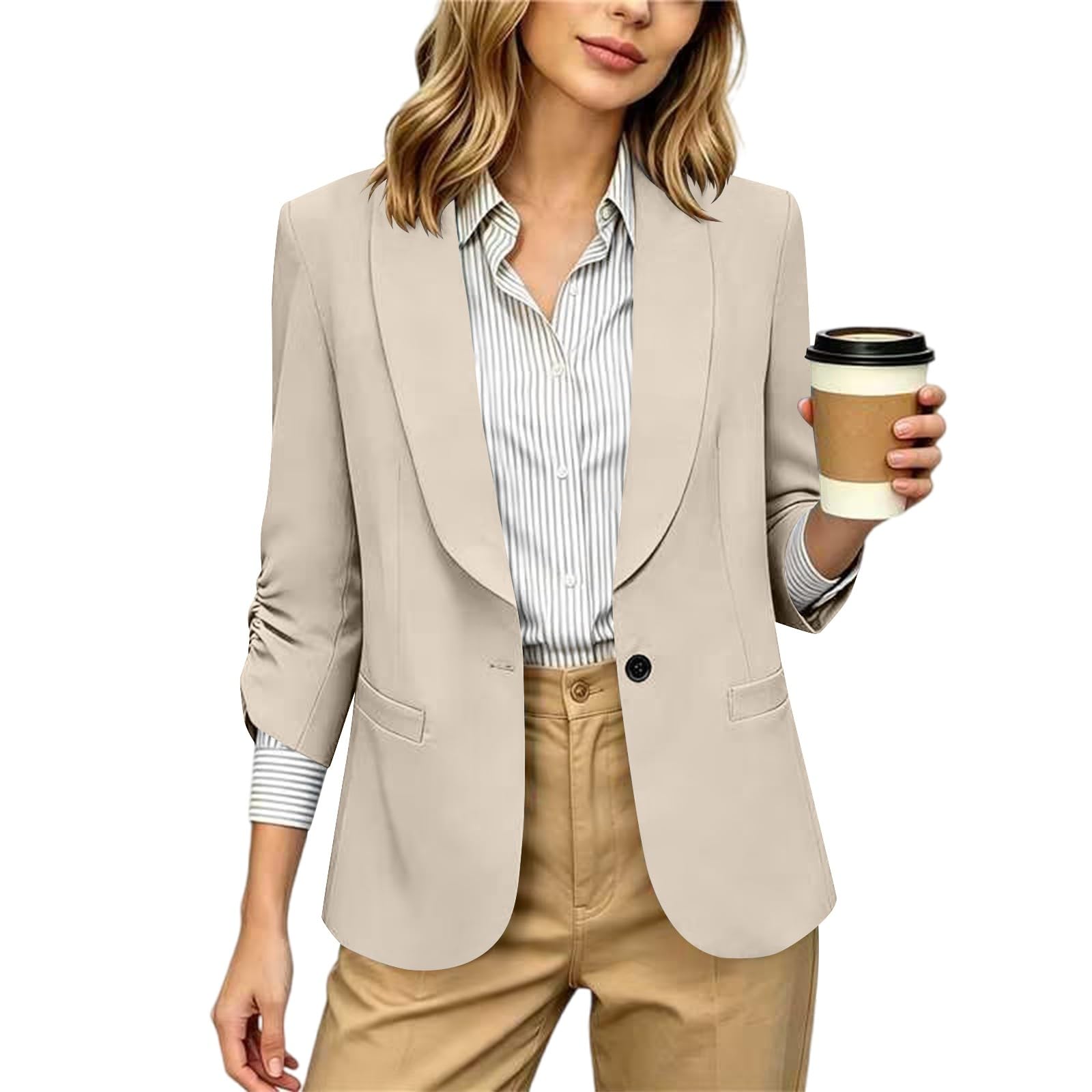 RLEHJN Damen Blazer,Lange Casual Open Front Gefütterte Blazer Arbeit Büro Jacken mit Taschen Sportlich Elegant Blazerjacke Casual Blazer Jacket Übergangsjacke Business Casual Outfits Für Die Arbeit