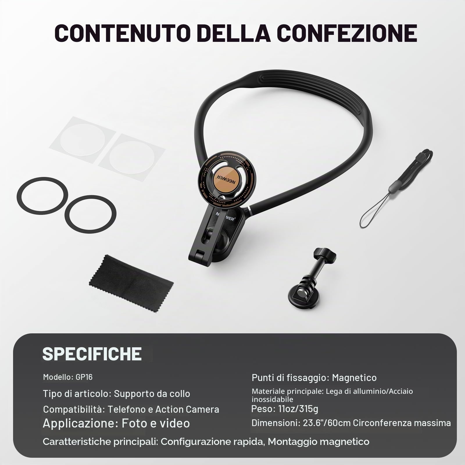 NEEWER Supporto Magnetico da Collo per Action Camera e Telefono, Treppiede da Collo Supporto da Petto Compatibile con GoPro DJI Insta360 iPhone 15 Android, Neck Phone Holder per POV Video Vlog, GP16
