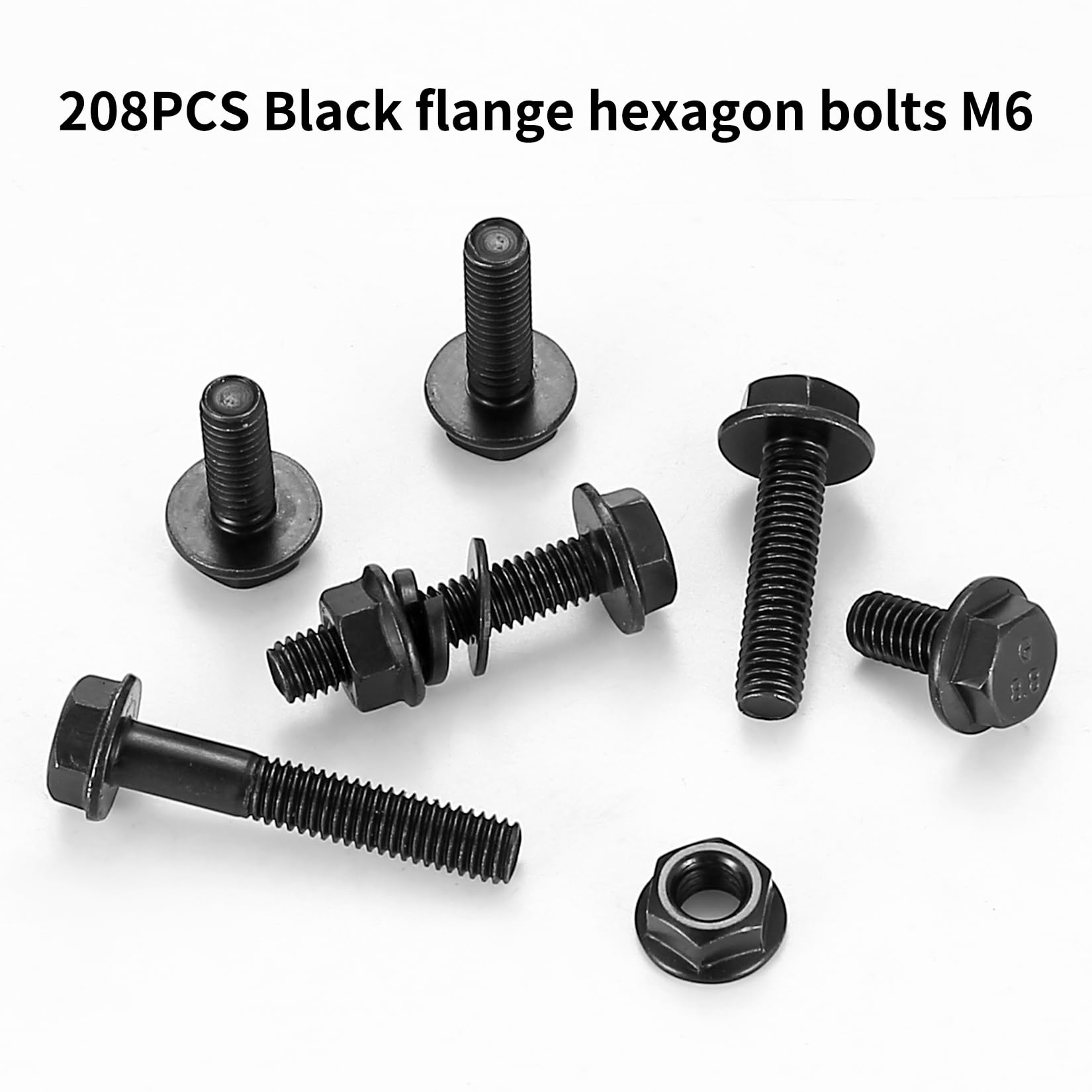 208 Pcs M6 Nuts and Bolts Set, Hex Serrated Flange Bolts and Nuts Set, Metric Flanged Hex Head Bolts and Nuts Assortment Kit, Black Assorted Machine Screws Flange Nuts Lock and Flat Washers Set (M6) - Image 4