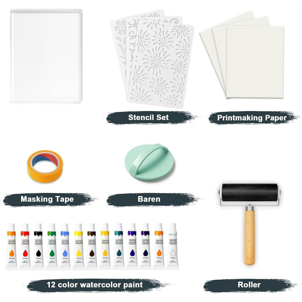 Gel-Platten-Kit Set 8x10 für Kartenherstellung, Scrapbooking mit Gel-Druck, Gummiwalze, Aquarellfarben & Schablonen