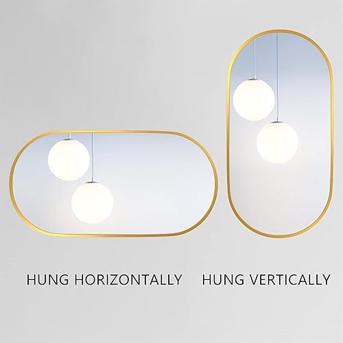 Miniatura 2 de Espejo de pared ovalado de 36 x 18 pulgadas, espejo de pared dorado con marco de metal de acero inoxidable y ganchos preestablecidos para colgar