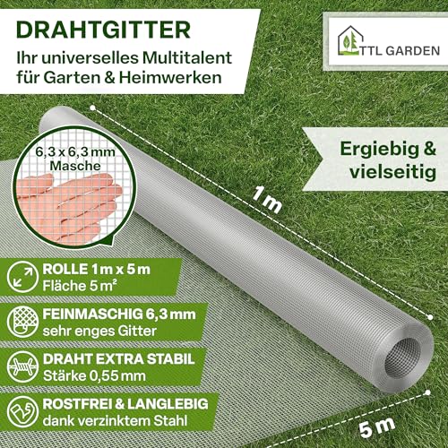 TTL GARDEN 1m x 5m Drahtgitter feinmaschig rostfrei verzinkt 6,3mm Masche 0,55 mm Draht Stärke - auf Rolle Maschendraht Volierendraht Hasendraht Wühlmausgitter 5m x 1m breit 6,3 mm Maschenweite