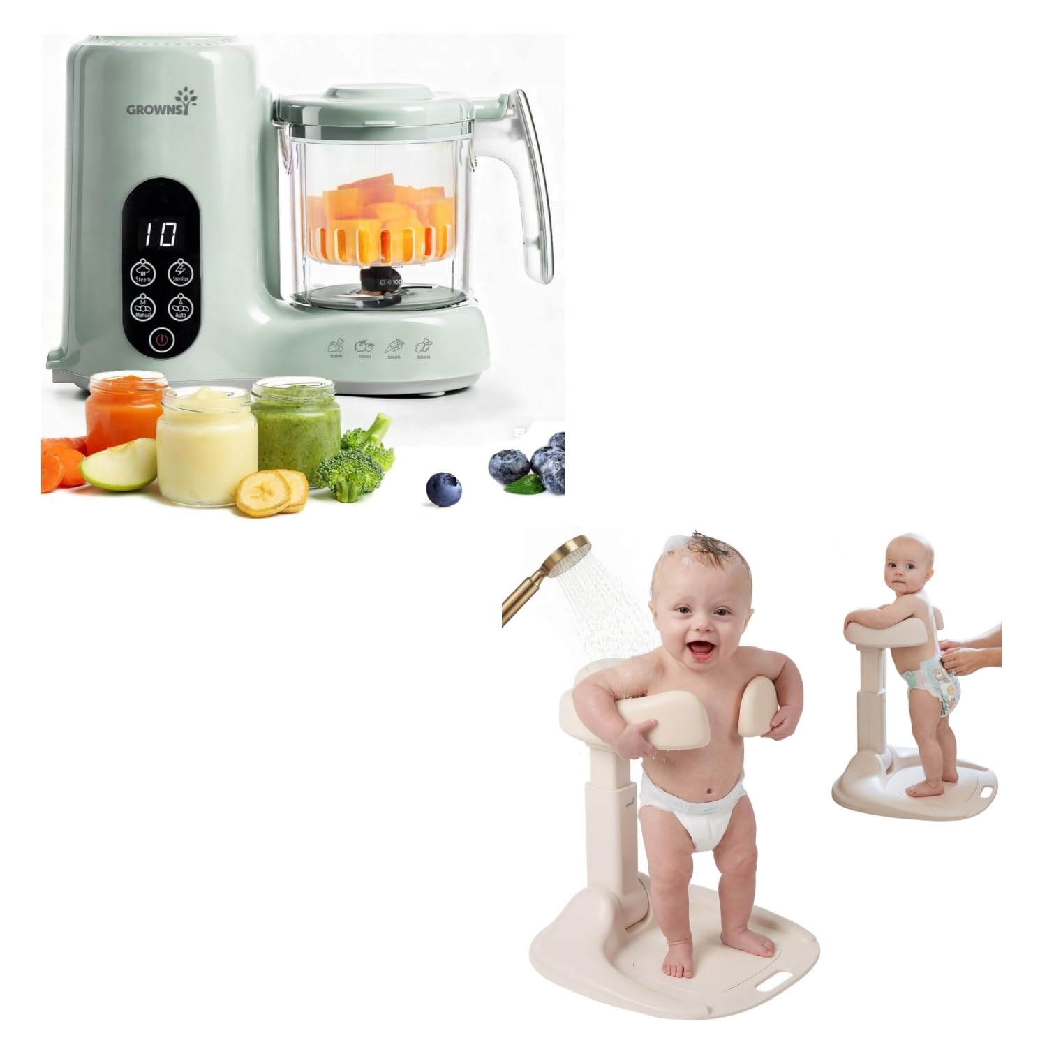 Grownsy Baby Food Maker with Steam Basket (Green) & Baby Bath Stand for Infants and Toddlers (6-36 Months)