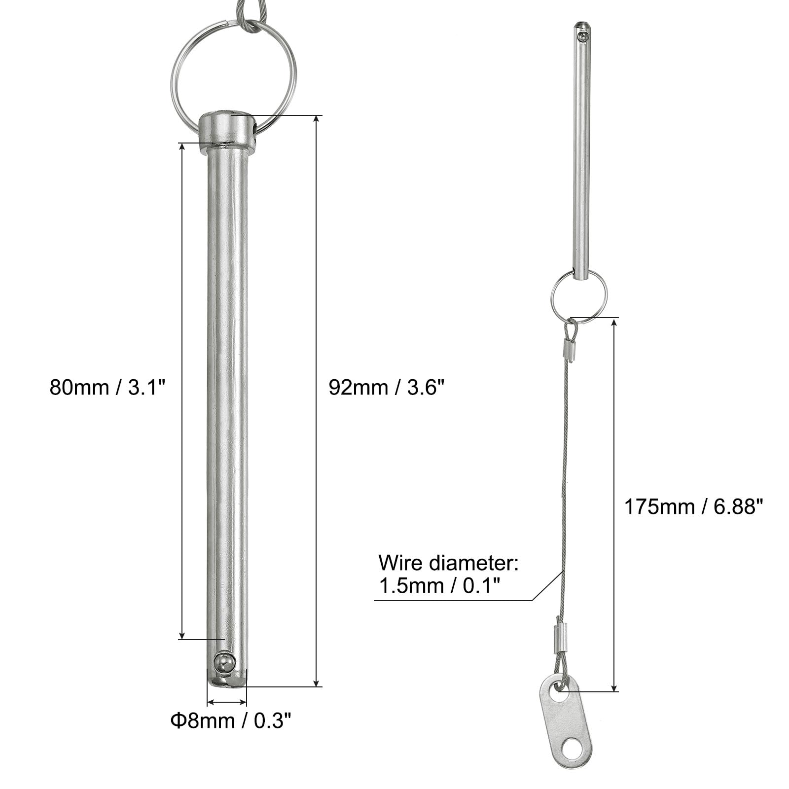 PATIKIL Quick Release Pin, Diameter 5/16"(8mm), Total Length 3.1"(80mm), Effective Length 3"(75mm) - Image 2