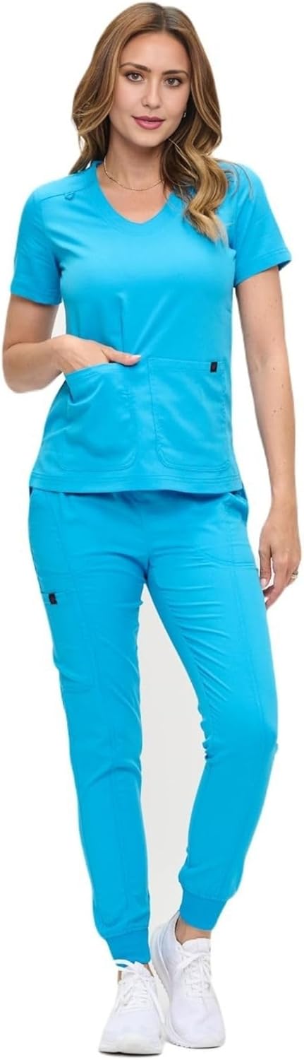 M&M SCRUBS Women’s Jogger Scrub Set - Soft Stretch V-Neck Top & Cargo Pants Medical Nursing Uniforms Regular/Petite