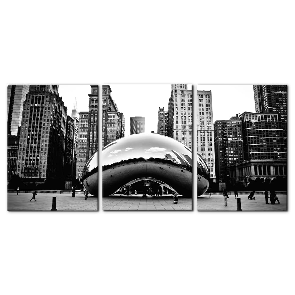 Pacimo 3 Pieces Black and White Wall Art - The Millennium Park in Downtown Chicago Photograph Picture Print on Canvas - Cloud Gate Canvas Wall Art for Modern Home Decor Ready to Hang - 20"x28"x3 Panel
