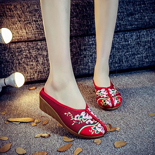Qhome Women's Chinese Floral Embroidery Comfortable Linen Casual Mules Wedge Slippers Shoes2