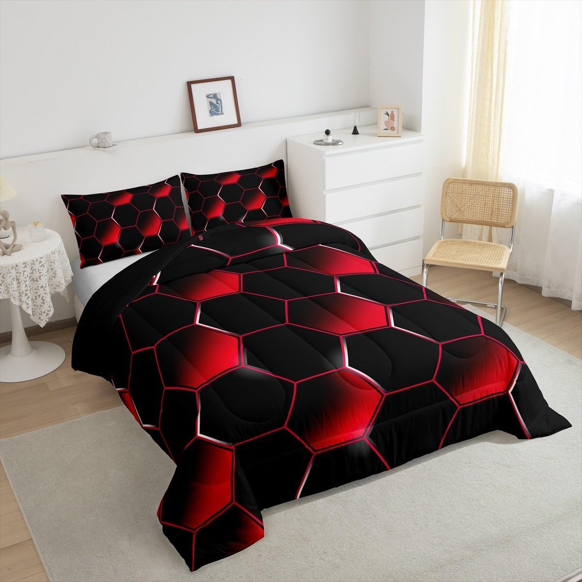 Erosebridal Honeycomb Kids Comforter Set Modern Geometric Hexagon Bedding Sets for Boys Children Teens Room Decor, Beehive Black Red Duvet Set Queen Size with 2 Pillow Cases