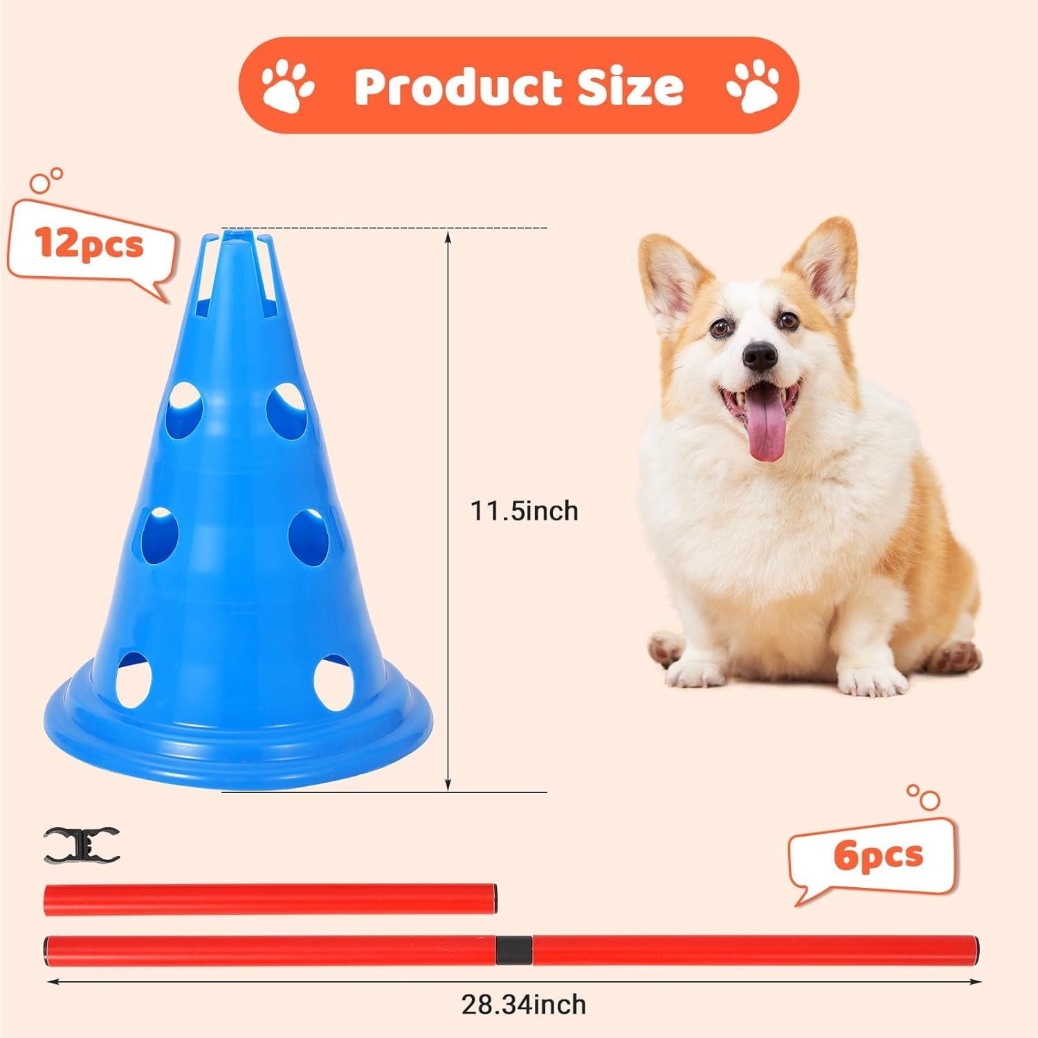 Dog Agile Course Backyard Set, Complete Dog Obstacle Kit with 12 Cones, 6 Agile Poles and Carry Bag for Training & Backyard Fun