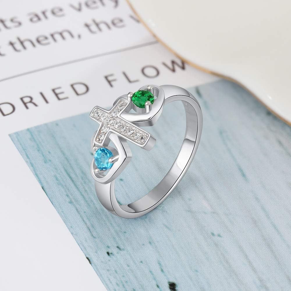 Lovejewelry Personalized Cross Rings for Women with 2 Simulated Birthstones Meaningful Mother Daughter Name Promise Rings Mothers Day Rings for Mom Grandma