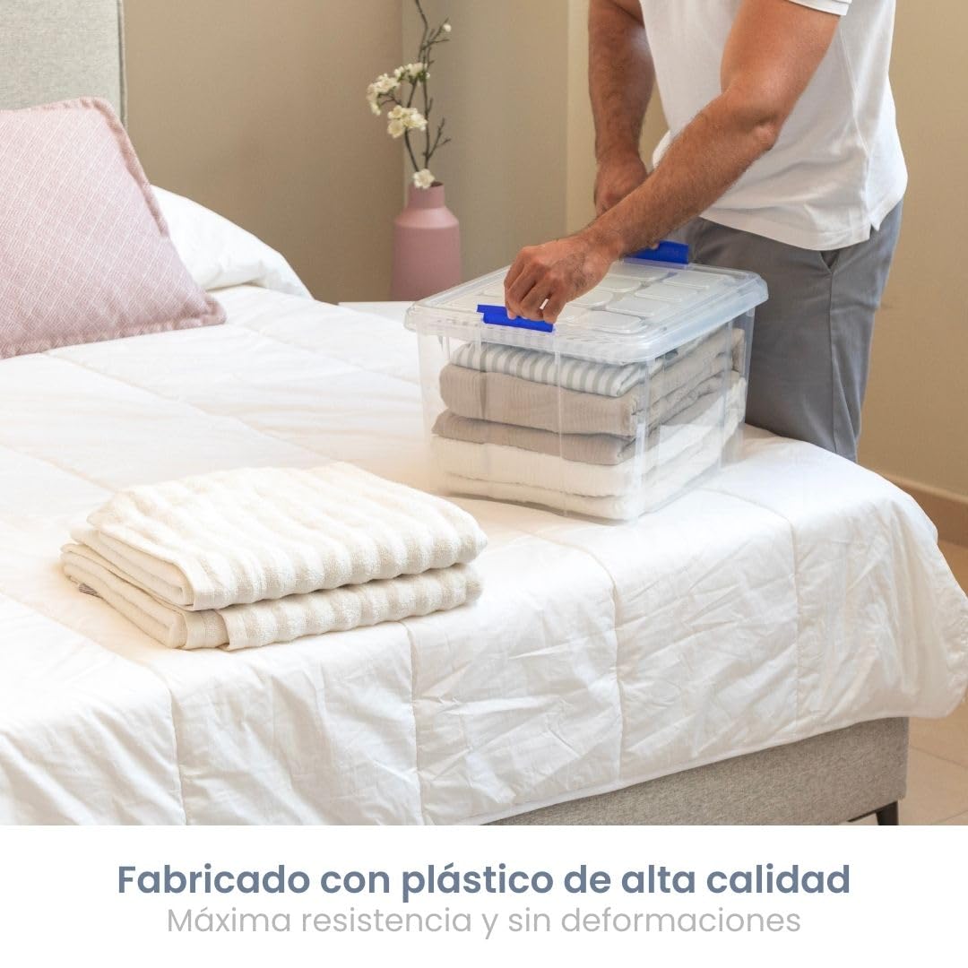 PlasticForte – Pack de Cajas de Almacenamiento de 25 y 16 L con Tapa - Plástico Resistente, Apilables y Transparentes - Organizador (Azul, Pack 4, 25, Litros)