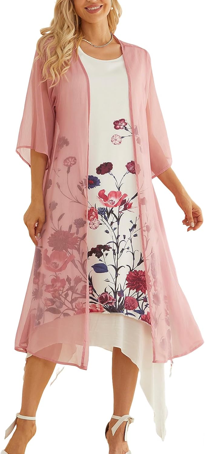 Honwenle Women's Linen Dress 2 Piece Outfit Floral Sleeveless Loose Maxi Summer Dresses with Jacket Formal Casual