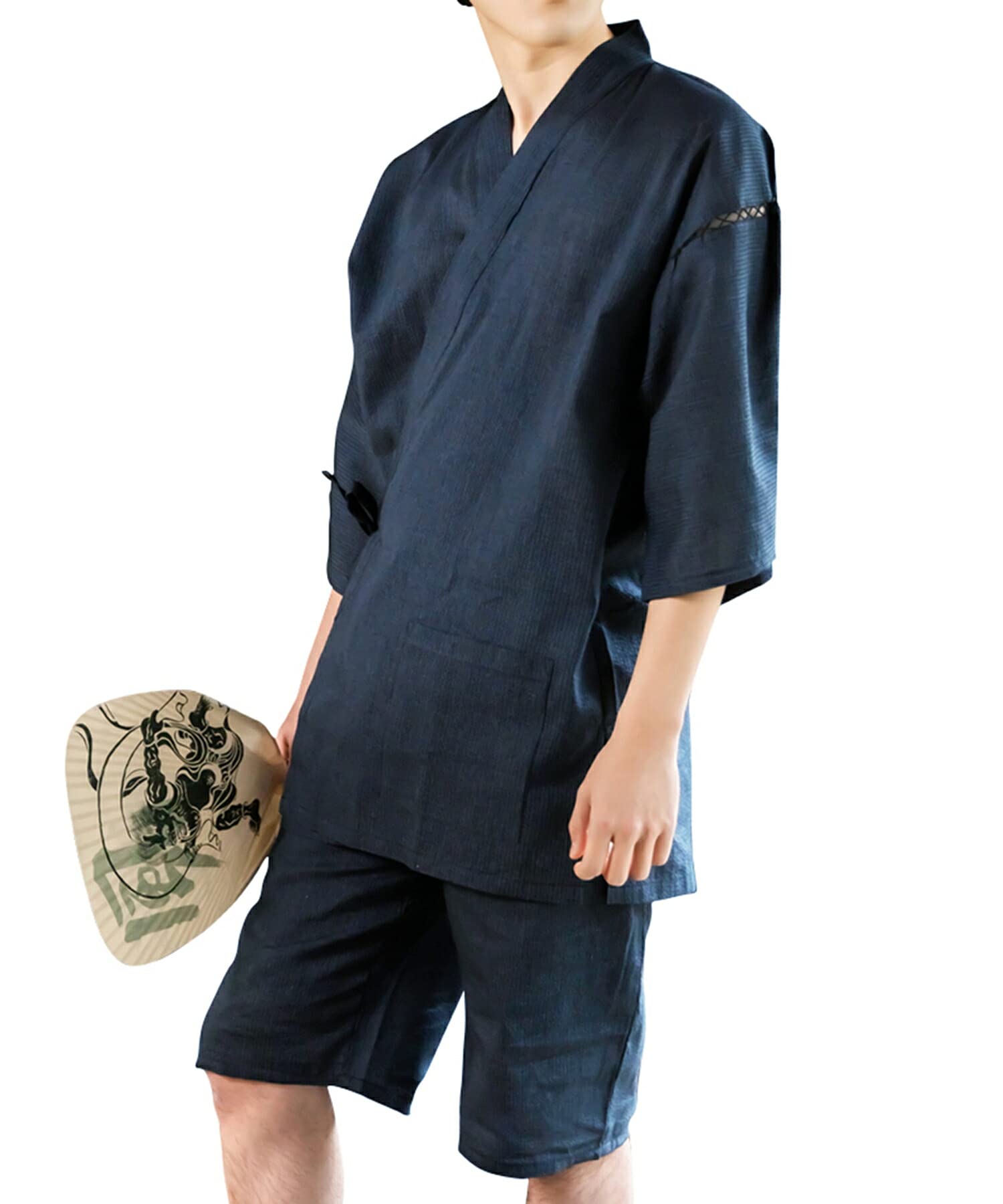 Kyoto Kimonomachi Jinbei Men's Cotton Linen Indigo Stripe Top Bottom Set