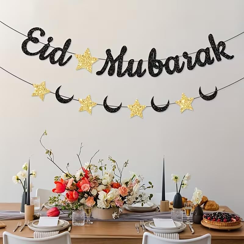Curious Button Eid Mubarak Banner with Stars and Crescent Moons | Paper Garland Decoration for Ramadan | Islamic Party Decor for Home, Room, Wall, Door & Garden | Eid Mubarak Ornaments | (Black)