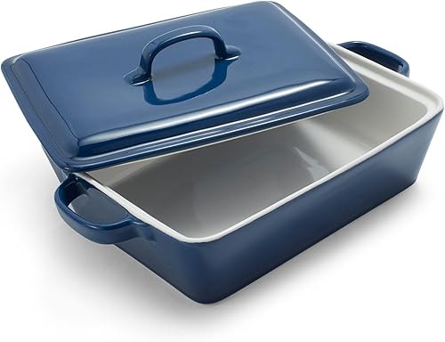 Sur La Table Cazuela rectangular de gres con tapa, 4 cuartos de galón, azul