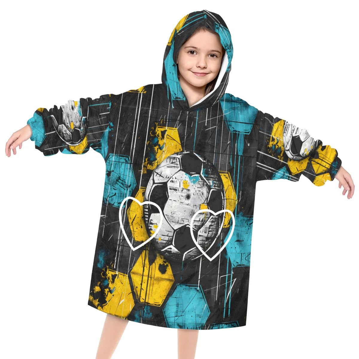 Wearable Blanket Hoodie for Kids, Sports Footballs Fleece Sweatshirt Blanket Modern Football Oversized Blanket Sweatshirt with Pocket Flannel Warm Hooded Blanket 6-10 Year Old Girl Boy Gift, One Size