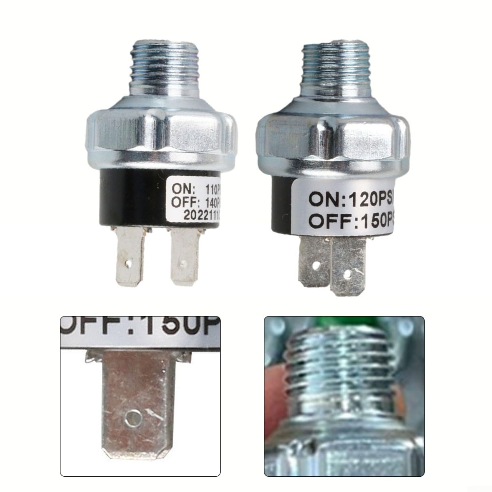 1/4-18 NPT Interrupteur de contrôle de pression d'air 110-140 PSI pour suspension pneumatique et réservoir de compresseur