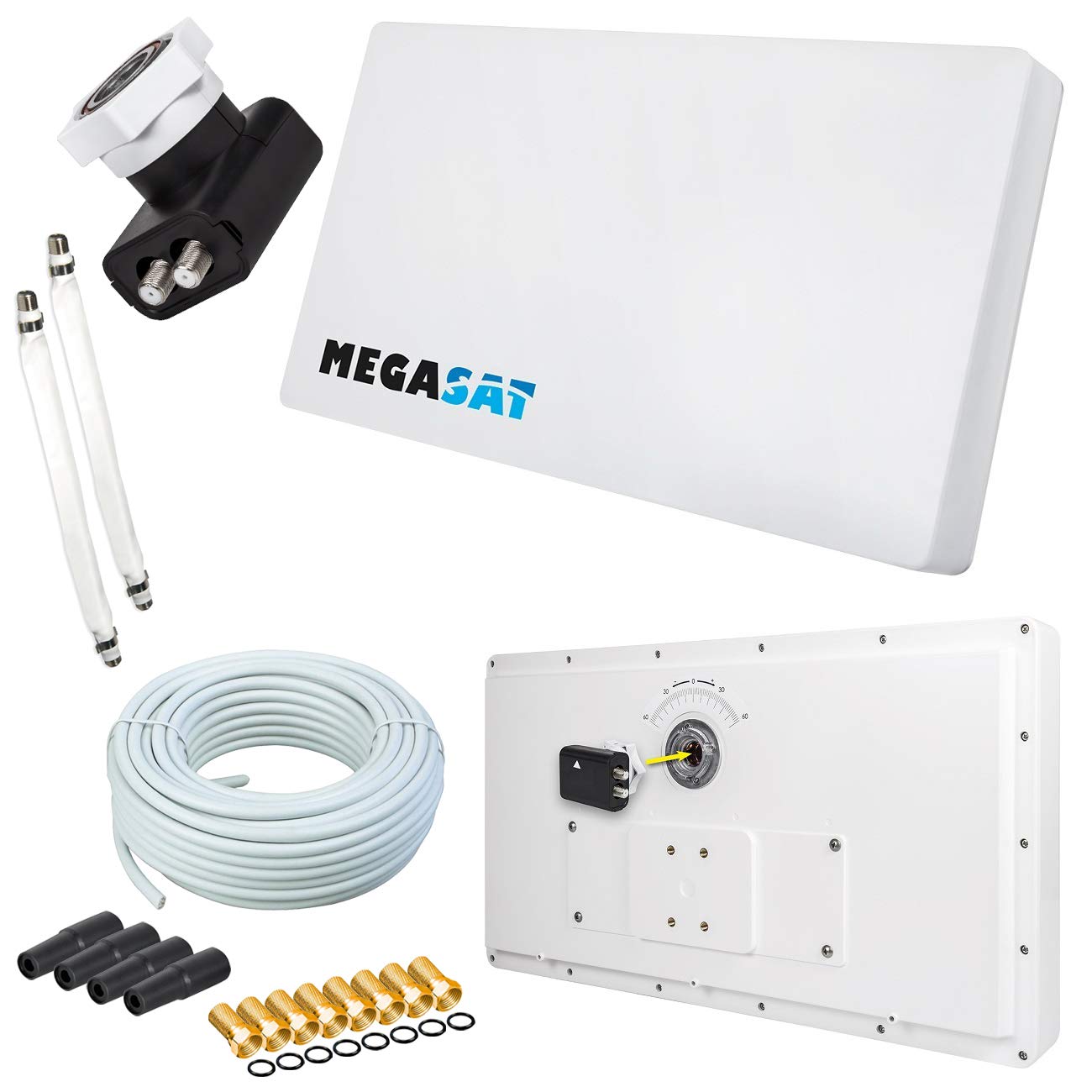 Megasat Flachantenne Profi Line H30 D2 Twin inkl. Fensterhalterung + 20m Kabel + 2X Fensterdurchführung. Neueste Generation für HD und SD TV (einfache und stabile Montage) Set