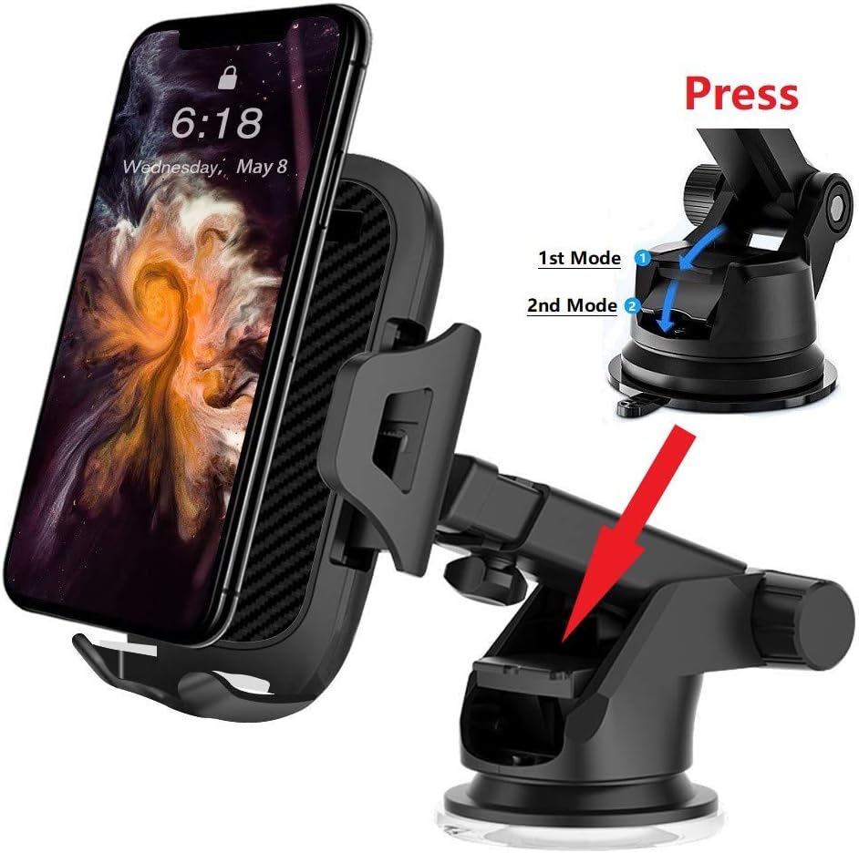 Car Phone Mount Holder,Multi Function Extendable Holder Arm for Car Dashboard Air Vent Windshield, 2 Suction Levels,Washable Gel Pad Compatible iPhone XR/XS/Max/X/8/7 Galaxy and More Black