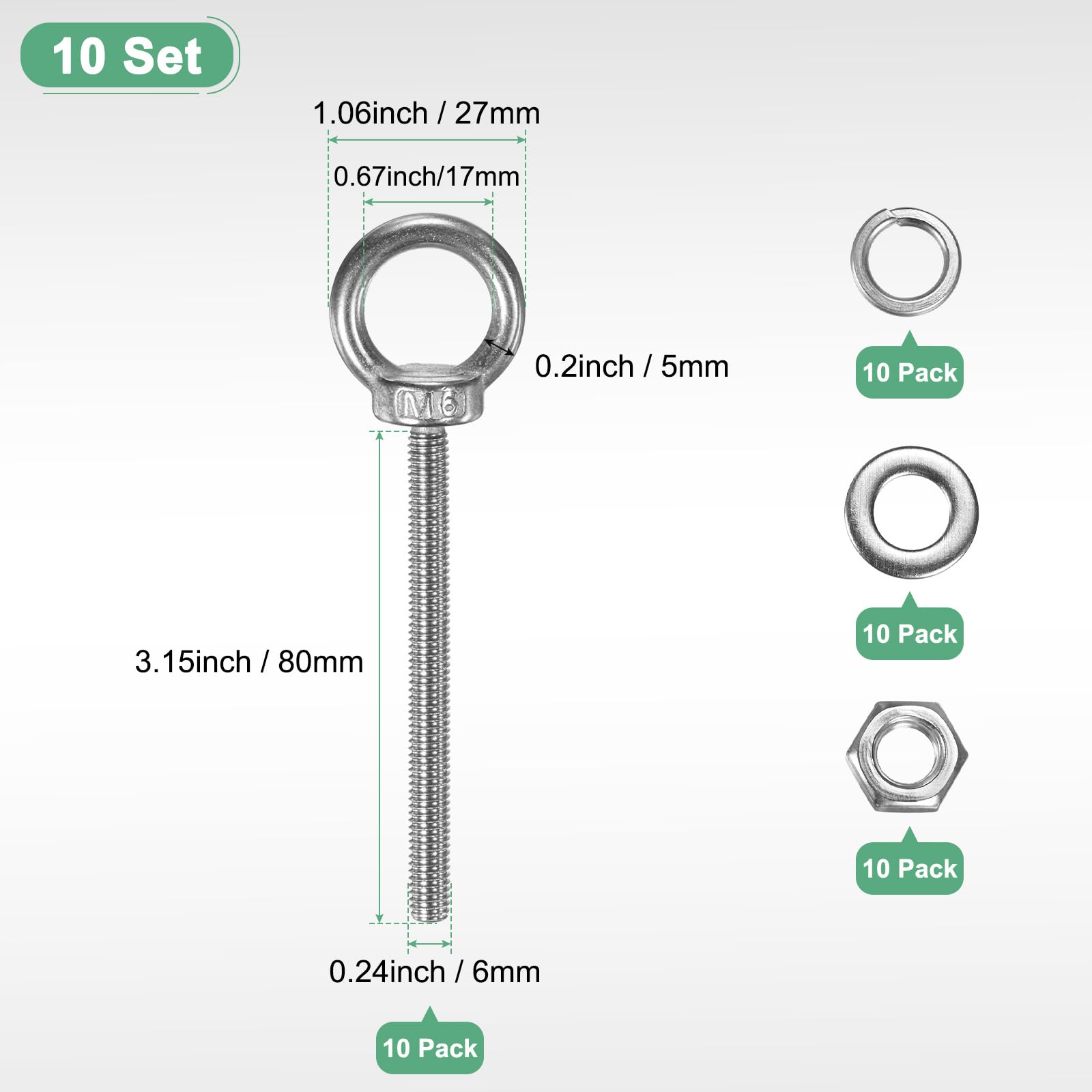 M METERXITY 10-Sets Stainless Eyebolt M6x80mm Shoulder Lifting Eye Bolt with Nuts Washers Male Screw Thread Ring Shoulder Eye Bolts Length 3.15 Inch for Suspending/Fastening - Image 3