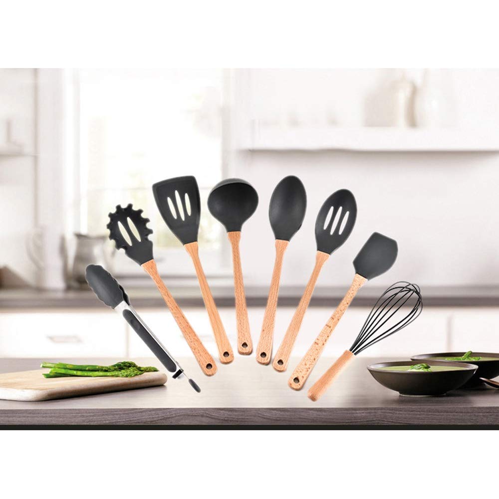 in 1 Silikon-Kochgeschirr mit Holzscheitgriff， Silikongeschirr， Küchenutensilien， Antihaft-Spatel， Löffel， Spatel， Küchen-Kochwerkzeug-Set， Schöpfkelle，