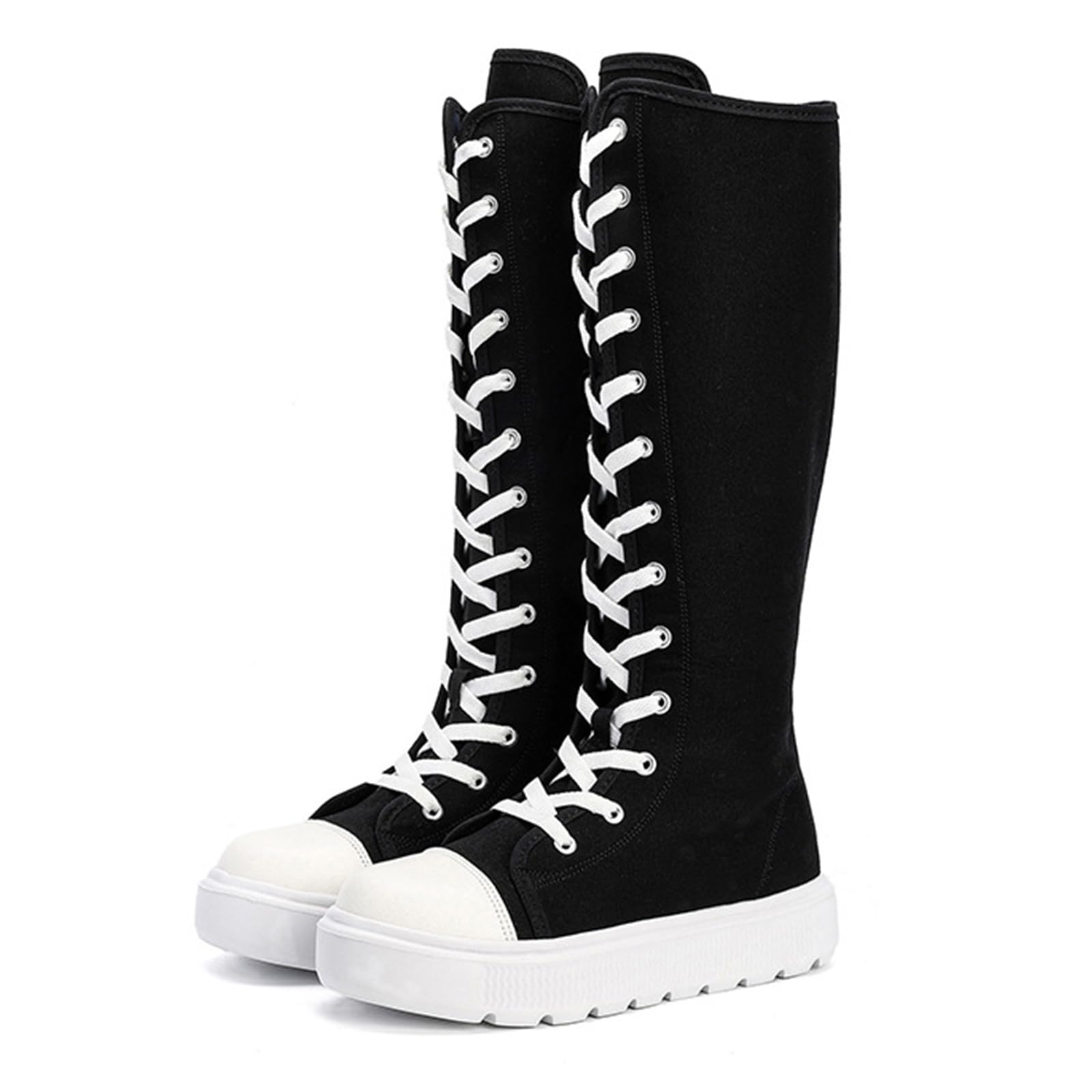Womens Canvas Knee High Boots Lace Up Sneakers Platform Boots with Side Zipper Comfort Walking Canvas Shoes