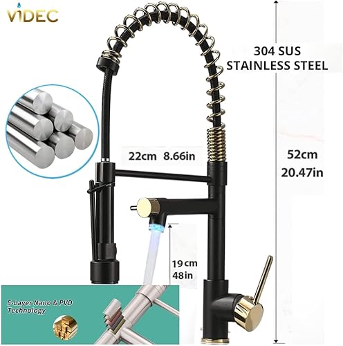 Miniatura 5 de VIDEC Grifo de cocina inteligente, rociador desplegable de 3 modos, control de temperatura LED, válvula de cerámica, rotación de 360 grados, placa