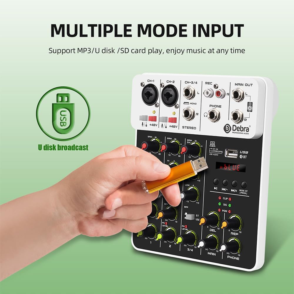 Mixer per DJ, V4 4 canali Mixer DJ Console Portatile 48V Phantom Power USB DJ Console con Scheda for PC Registrazione Canto(V4 White Type)