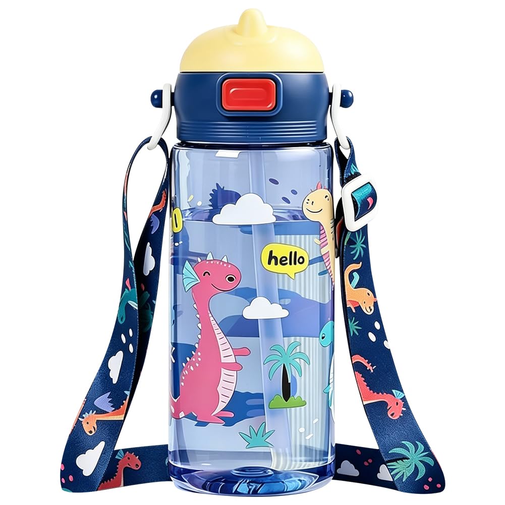 Hatfryf B Dinosaur Water Ottle With Straw, Dinosaur Drinking Ottle Water Ottle Plastic Ottles With Straw And Adjustable Strap Drinking Leakproof Sports Ottles For School (600Ml)