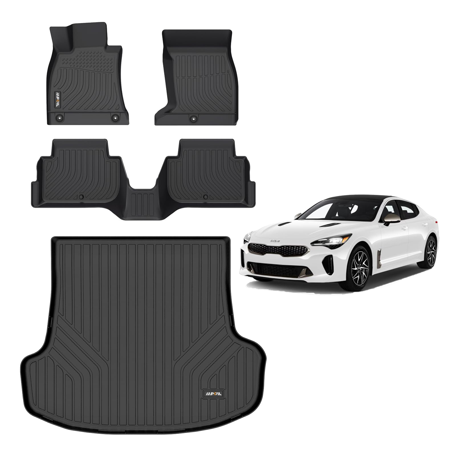 Custom Fit TPE Floor Mats & Cargo Liners for 2018-2024 Kia Stinger AWD | AIPOIL®,All-Weather Protection Waterproof Non-Slip Stain-Resistant Durable TPE Liners with High Edge & Easy Installation