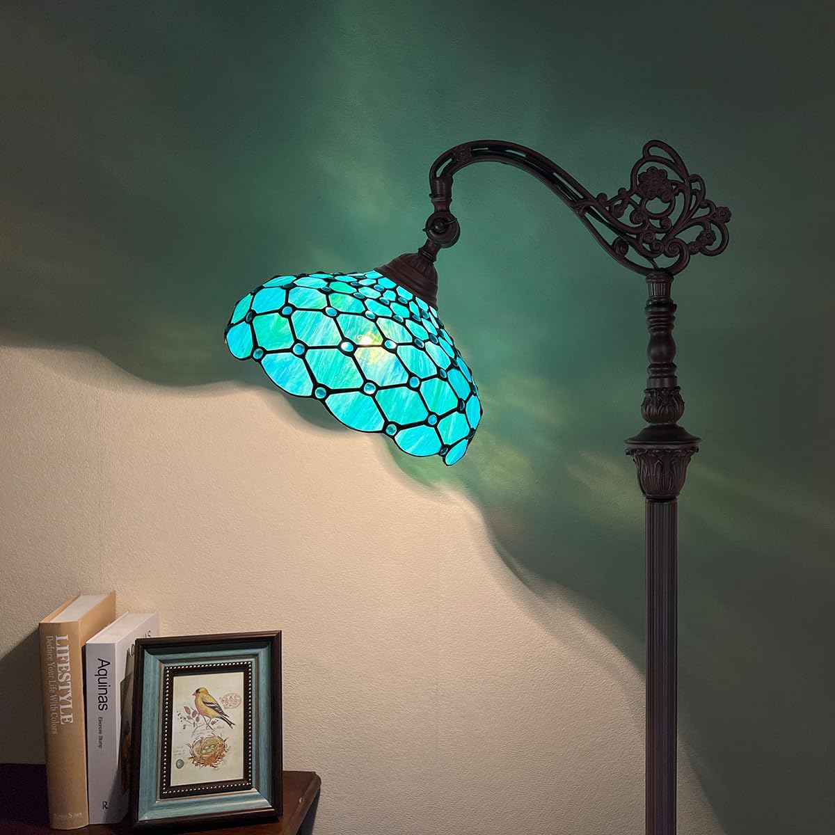 Capulina Tiffany Lamp Stained Glass Floor Lamp 62 Inches Tall Seagrass Blue Beads Soft Light Arched Adjustable Angle Tiffany Style Reading Floor Lamp for Living Room Bedroom Study Home Office