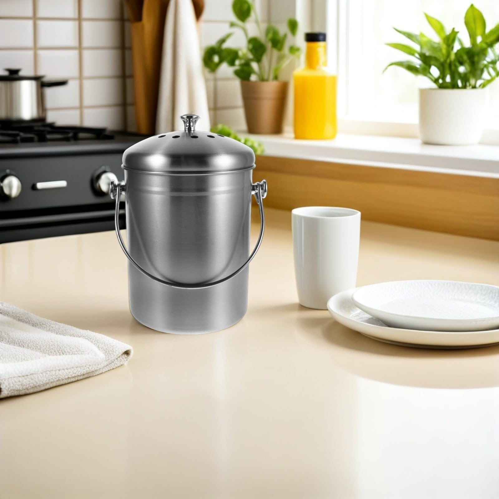 Kompostbehälter und Aktivkohlefilter mit Geruchsdichtem Deckel Robuster Biomülleimer 5l aus Edelstahl für Küchenabfälle für Innenbereich