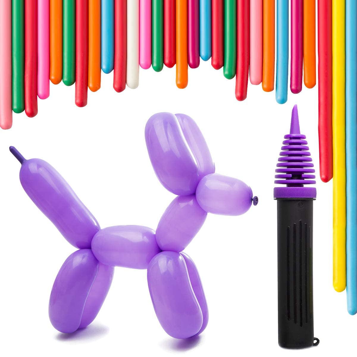 KASTWAVE 100Pcs DIY Twisting Balloons with Hand Pump - Double Action Pump for Sculpting Balloon Animals. Premium Balloons, Birthdays Wedding Anniversaries Party Decorations Multicolor, Risk-Free