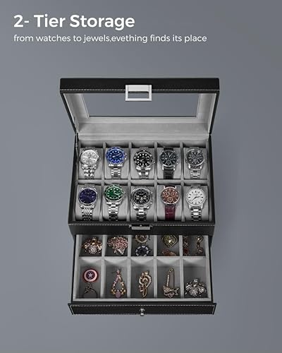 Miniatura 5 de BEWISHOME Organizador de caja de reloj para 20 hombres caja de almacenamiento de exhibición de metal con bisagra de metal negra de piel sintética