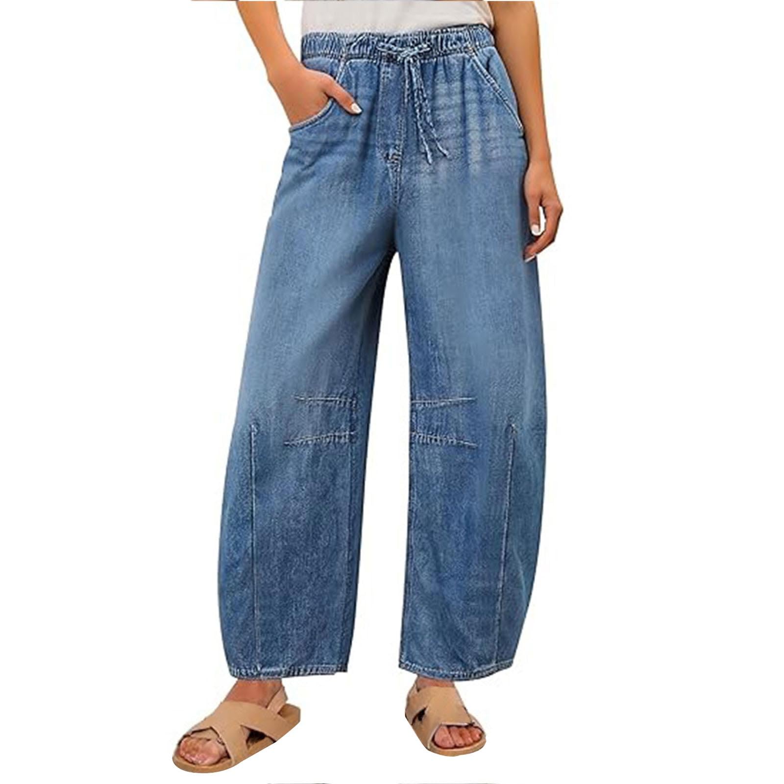 Barrel Jeans for Women Mid Rise Baggy Jeans Drawstring Wide Leg Denim Pants with Pockets Casual Loose Fit