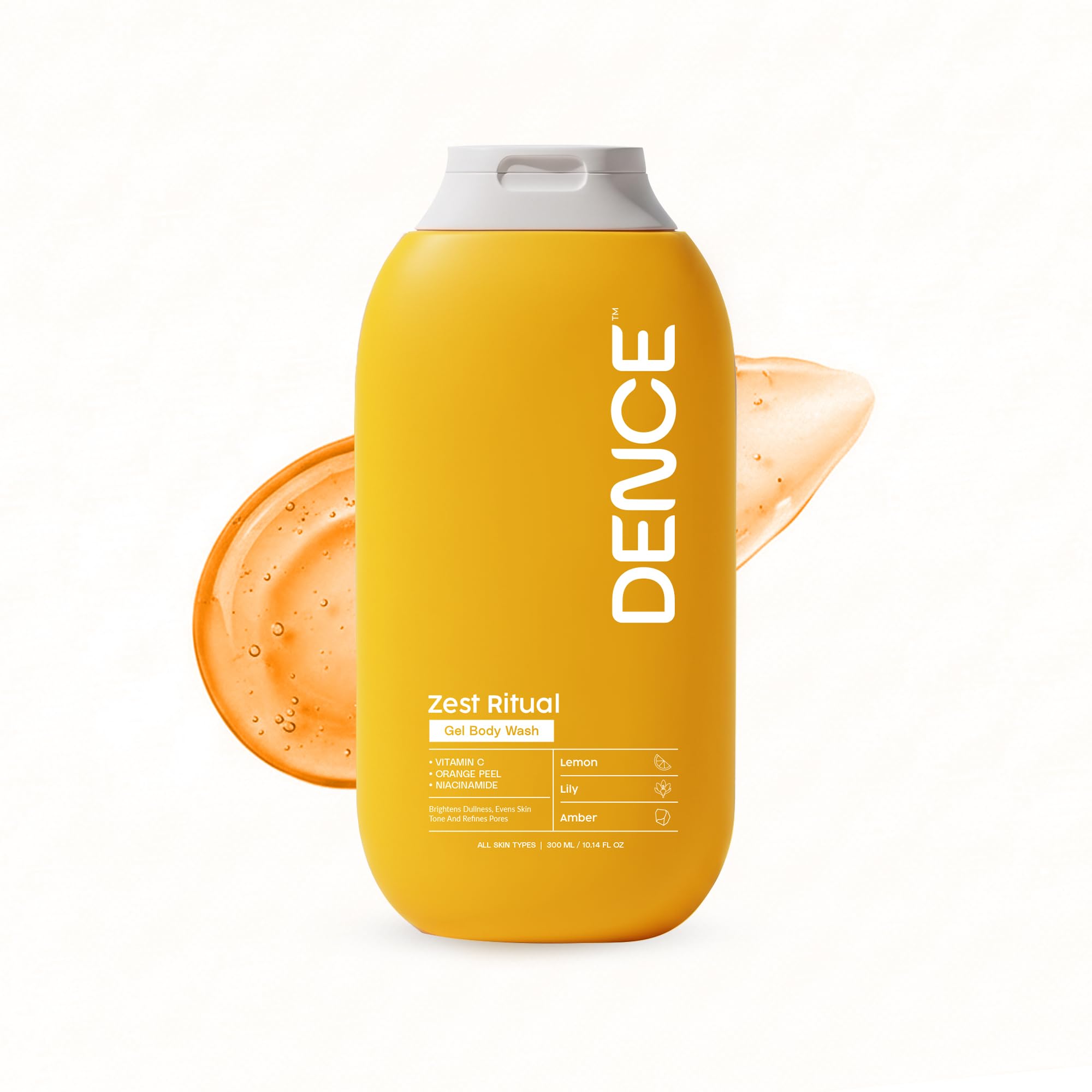 Dence Zest Ritual Brightening Gel Body Wash | Vitamin C, Orange Peel Extract & Niacinamide | Refines Pores & Evens Skin Tone | Sulphate-Free, Paraben-Free | Lemon & Amber Fragrance | 300 ml-image-45