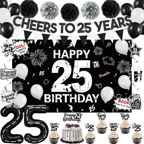 Holkcog Black 25th Birthday Decoration Supply, Cheers To 25 Years