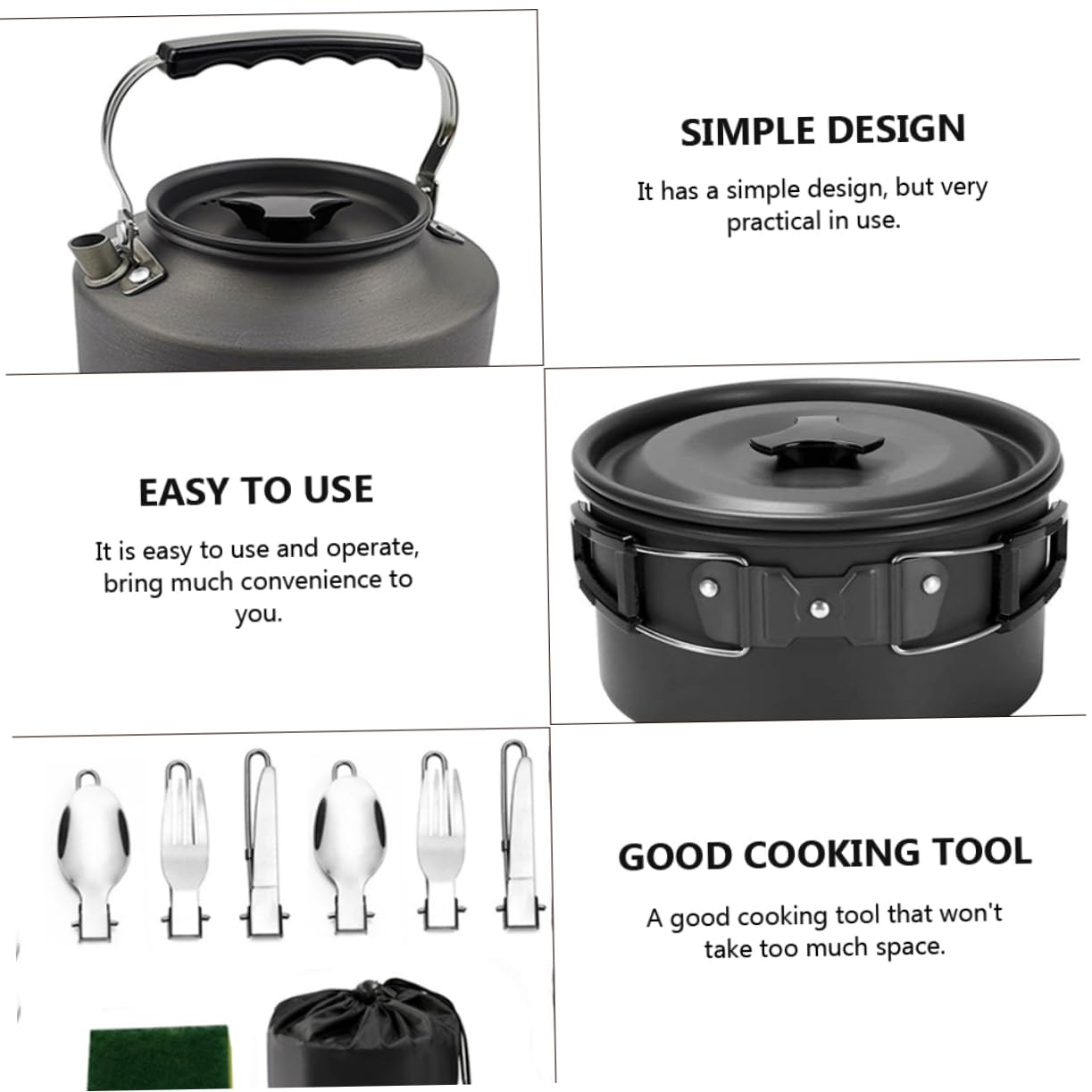 BESTonZON Ensemble Cuisine de Randonnée Noir en Alliage D'aluminium Résistant la Corrosion et Haute Dureté, Vaisselle pour Barbecue Multifonction pour Voyage et Camping