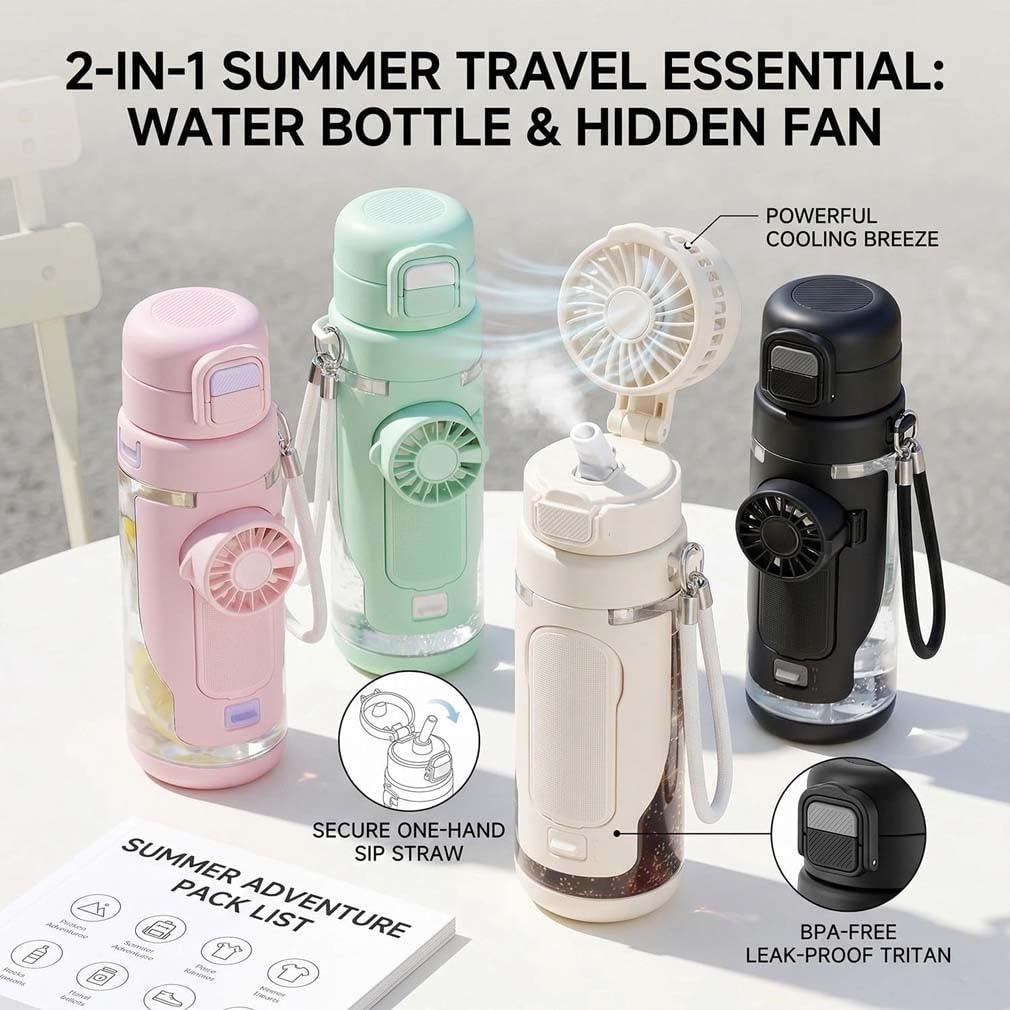 2-in-1 Water Bottle with Built-in Foldable Fan,Tragbare Doppel-Trinkflasche Kühlfunktion Wasserflasche mit Ventilator 3 Geschwindigkeitsstufen,Tragbarer Ventilator Trinkflasche für Reisen (Weiß)