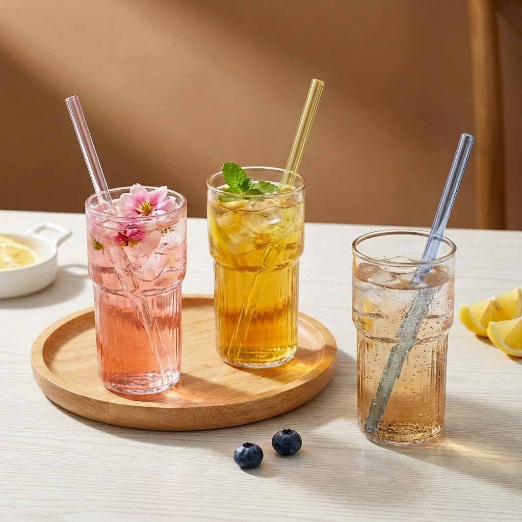 Reusable Glass Straws Shatter Resistant 8” x 8mm, 10 Pcs Colorful Glass Drinking Straws with 2Pcs Cleaning Brush, Including 5 Straight and 5 Bent Reusable Straws for Beverage, Milk, Juice, Coffee: 30 Colorful