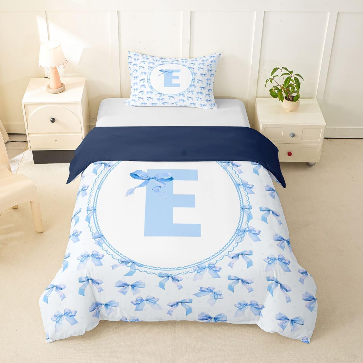 Feelyou Bow Duvet Cover Toddler Size Personalized Letter T Bedding Set for Boys Girls Dreamy Princess Comforter Cover Bedroom Decor 2Pcs