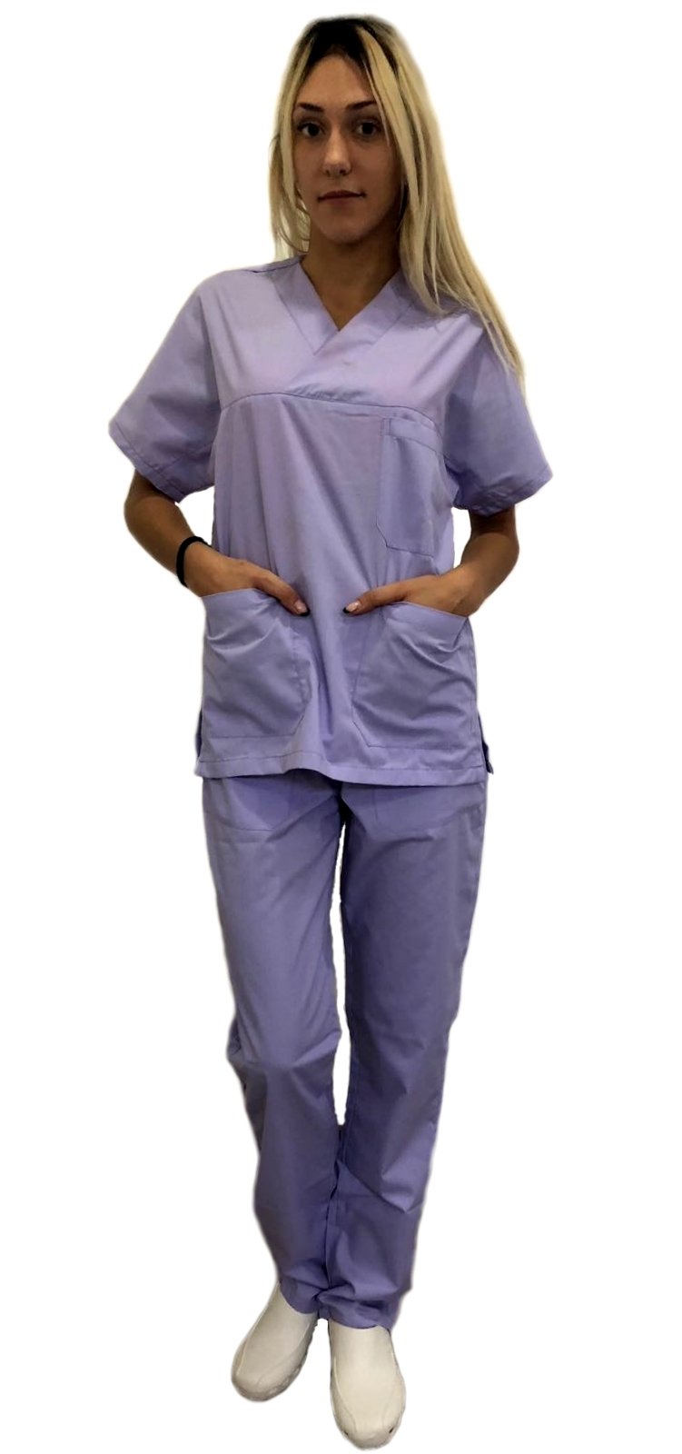 Tecno Hospital Divisa completa ospedaliera unisex, OSS, estetica, infermiere, casacca e pantalone (glicine, s)