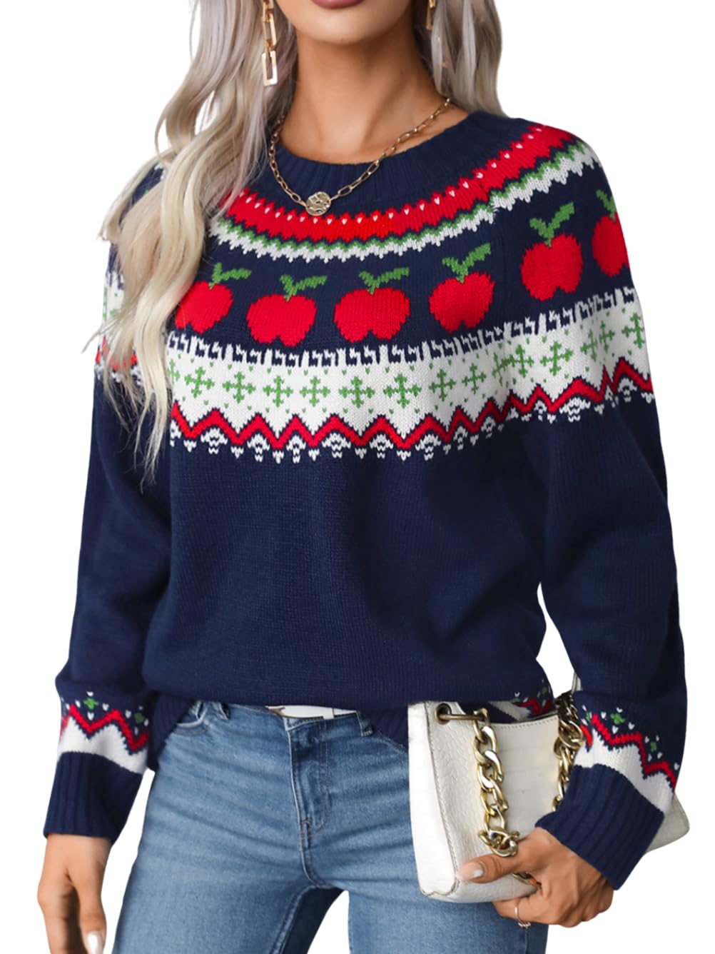 Fairisle Sweater Crewneck Patterned Sweaters for Women Vintage Christmas Thanksgiving Knit Tops