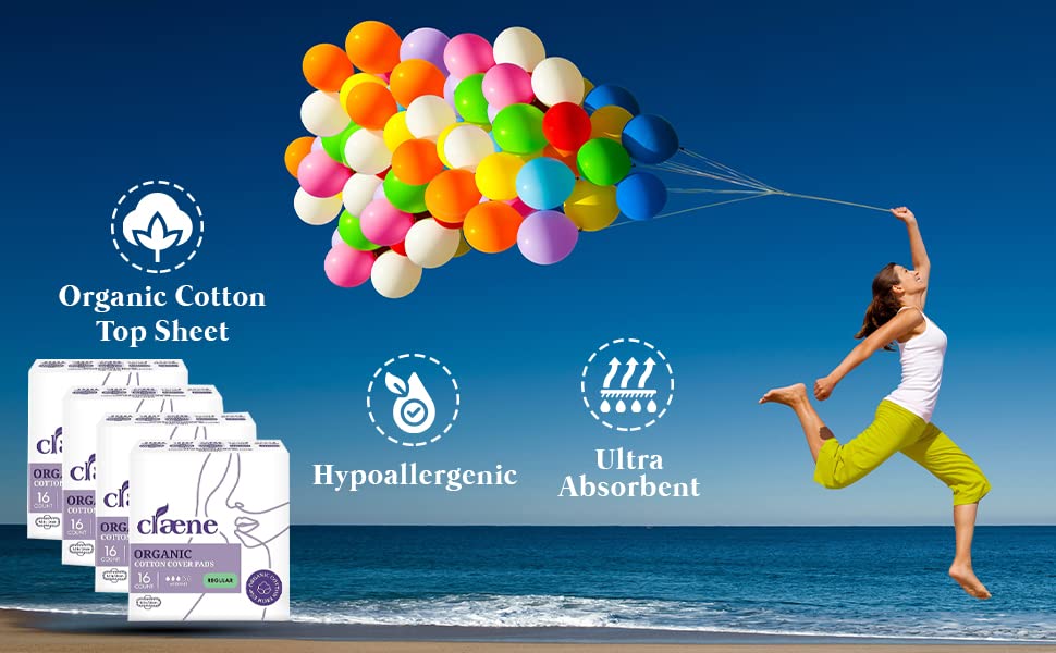 Image of Claene Organic Cotton Cover Pads, Cruelty-Free, Menstrual Overnight Sanitary Pads for Women, Unscented, Breathable, Vegan, Organic Pads, Natural Sanitary Napkins with Wings- 64 Count Pack of 1